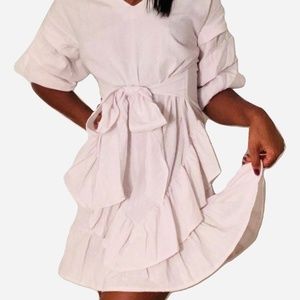 Layered Linen Blend Puffed Sleeved Mini Dress